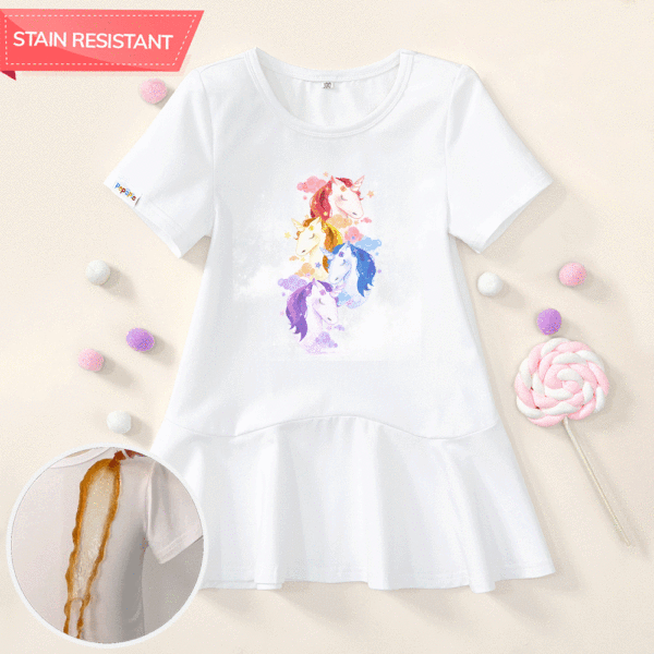 【18M-9Y】Girl Stain Resistant Cotton Unicorn Print Short-sleeve Dress - Popopieshop.com 