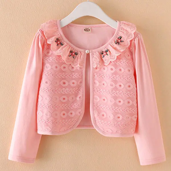 【3Y-11Y】Girls Sweet Flowers Lace Collar Long Sleeve Cardigan - Popopieshop.com 