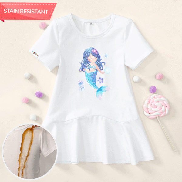 【18M-9Y】Girl Stain Resistant Cotton Mermaid Print Short-sleeve Dress - Popopieshop.com 