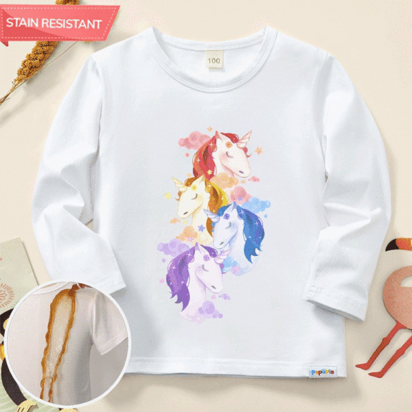 【12M-9Y】Girl Cotton Stain Resistant Christmas Unicorn Print Long Sleeve Tee - Popopieshop.com 