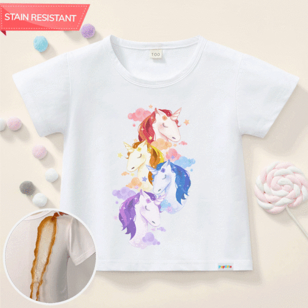 【12M-9Y】Girl Cotton Stain Resistant Unicorn Print Short Sleeve Tee - Popopieshop.com 