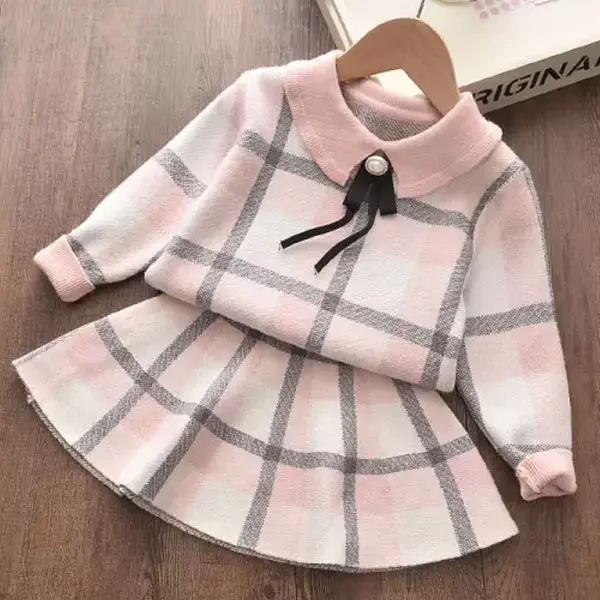 【18M-7Y】Girl Plaid Pattern Lapel Long-sleeved Sweater Top And Skirt Set - 34234 - Popopieshop.com 