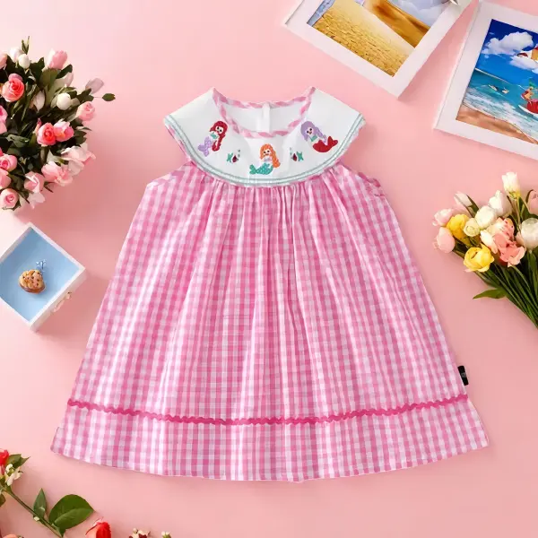 【18M-8Y】Girls Pink Plaid Mermaid Embroidered Sleeveless Dress - Popopieshop.com 