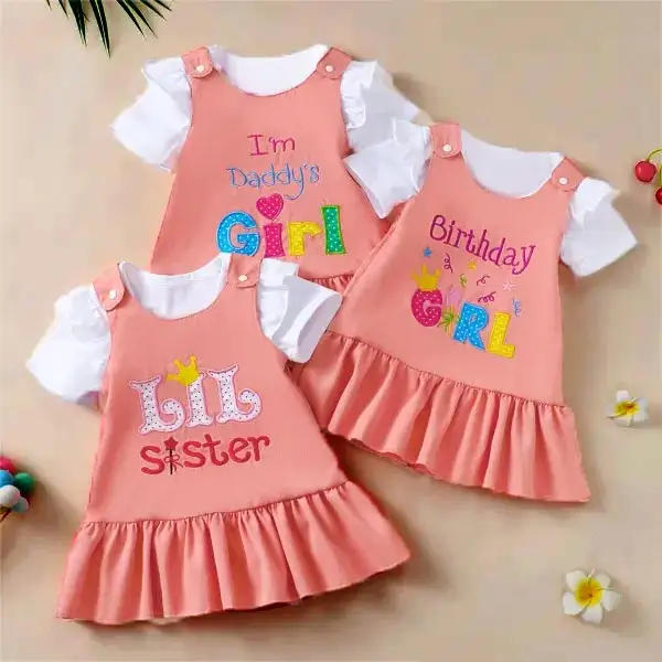 【3M-24M】2-piece Baby Girls Cute White Romper And Letter Embroidered Orange And Pink Dress Set - Popopieshop.com 