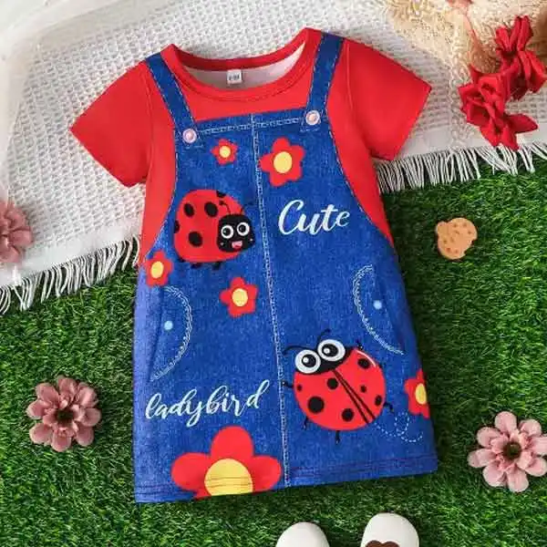 【6Y-3Y】Girls Cute Ladybug And Letter Printed Red Fake Two Piece Dress - Popopieshop.com 