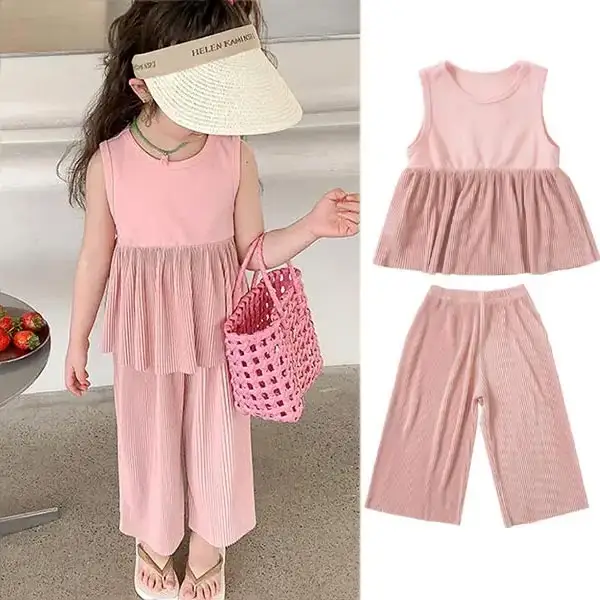 【18M-9Y】2-piece Girls Cute Solid Color Sleeveless Top And Bloomers Set - Popopieshop.com 