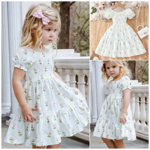 【2Y-8Y】Girl Sweet And Fashion Floral Cherry Print Puff Sleeve Dress - 33471 - Popopieshop.com 