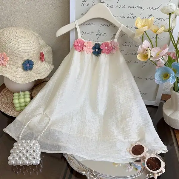 【18M-8Y】Girls Sweet Colorful Floral Design Beige Halter Dress Boho Outfit - Popopieshop.com 