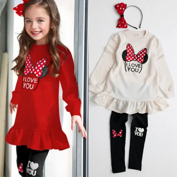 【2Y-8Y】2-piece Girls Cartoon Bow Print Long Sleeve T-shirt And Leggings Set - Popopieshop.com 