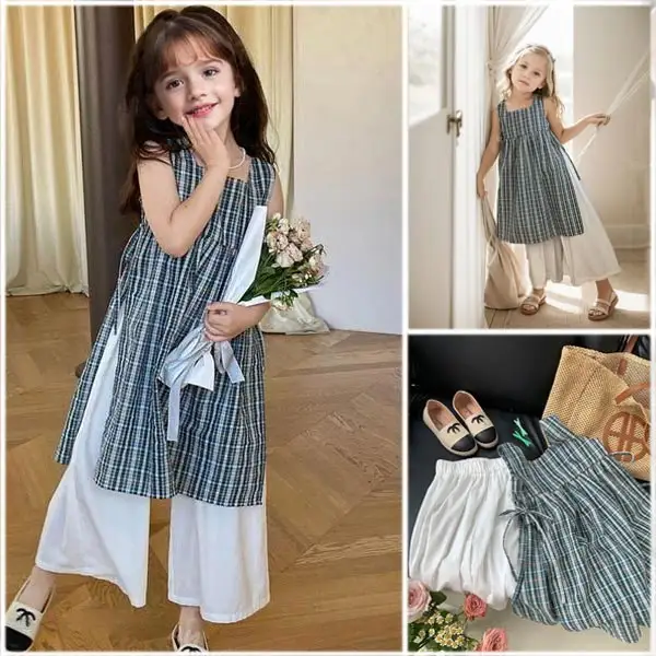 【18M-8Y】2-Piece Toddler Girls Plaid Cardigan And Wide Leg Pants Cotton And Linen Set - Popopieshop.com 