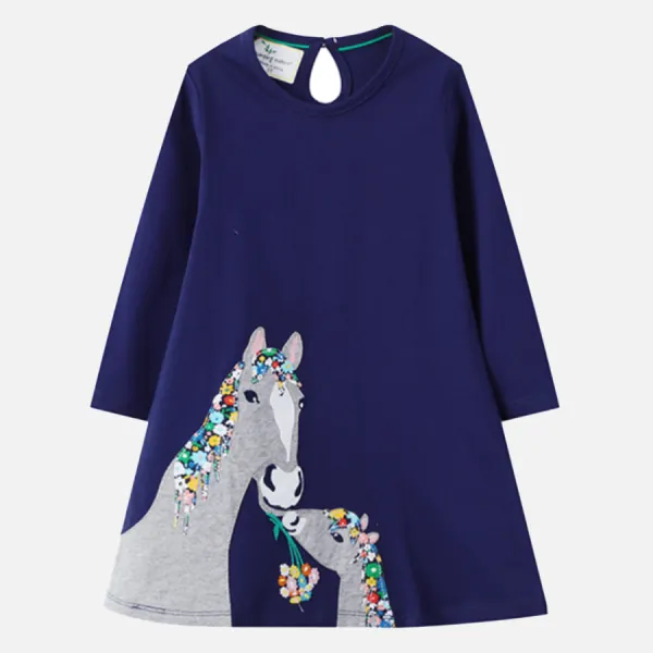 【12M-7Y】Girls Long Sleeve Cartoon Pony Dress - Popopieshop.com 