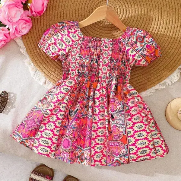 【6M-3Y】Girls Cute Pink Geometric Print Square Neck Puff Sleeve Dress - Popopieshop.com 