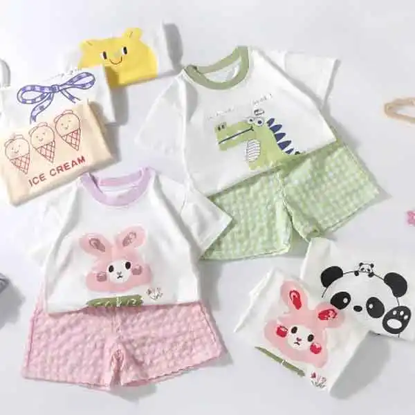 【6M-7Y】2-piece Unisex Cute Animal Print Short Sleeve T-shirt And Plaid Shorts Set - Popopieshop.chimpone.com 