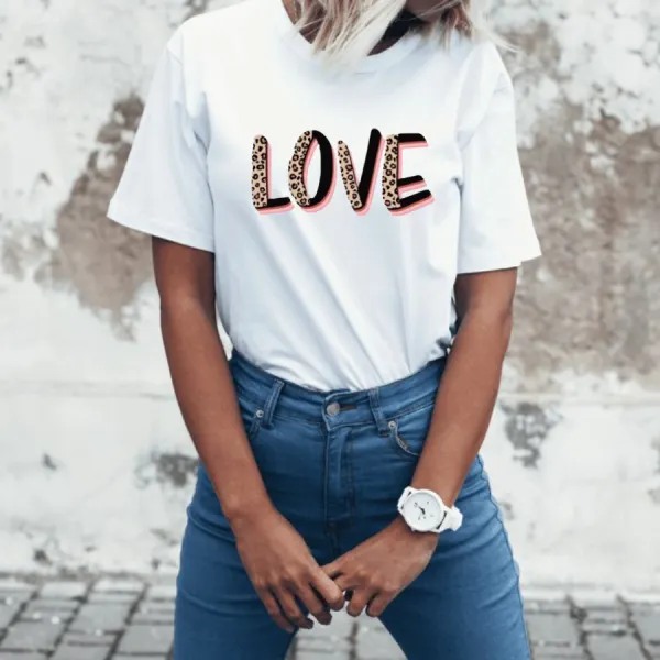 Women Leopard Letter Print Cotton Stain Resistant Short Sleeve T-shirt - 7187 - Popopieshop.com 