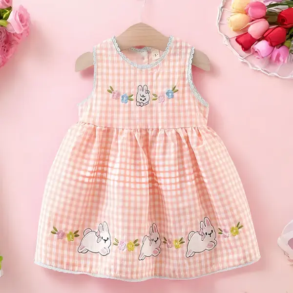 【18M-8Y】Girls Pink Plaid Bunny Embroidered Sleeveless Dress - Popopieshop.com 