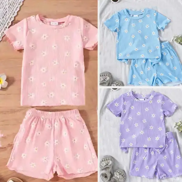 【6M-4Y】2-piece Girls Daisy Print T-shirt And Shorts Set - Popopieshop.com 
