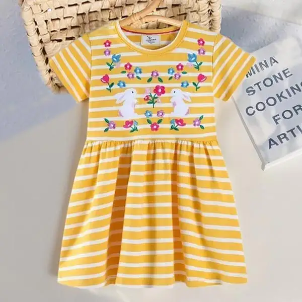 【1Y-7Y】Girls Cute Easter Bunny Patterns Flower Embroidered Short Sleeve Yellow Striped Dress - Popopieshop.com 