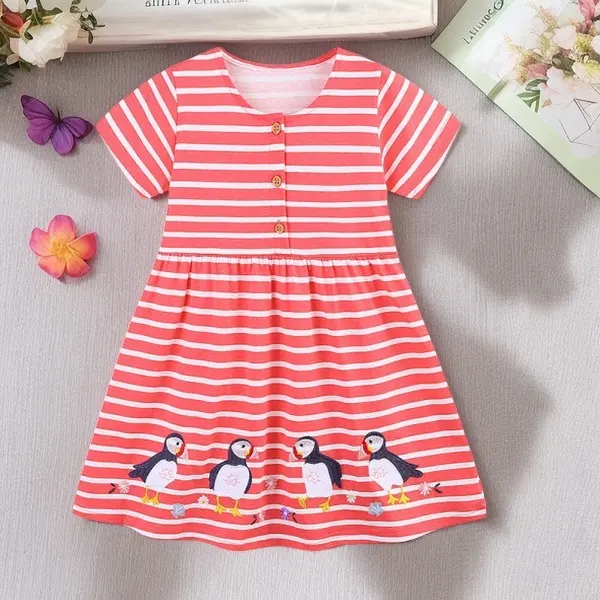 【1Y-7Y】Girls Sweet Fashion Bird Embroidery Red Striped Short Sleeve Dress - Popopieshop.com 