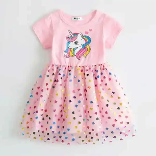 【18M-8Y】Girls Unicorn Print Heart Mesh Short Sleeve Dress - Popopieshop.com 