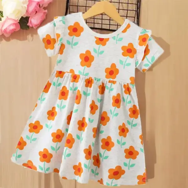 【1Y-7Y】Girls Cute Orange Floral Print Short Sleeve Dress - Popopieshop.com 
