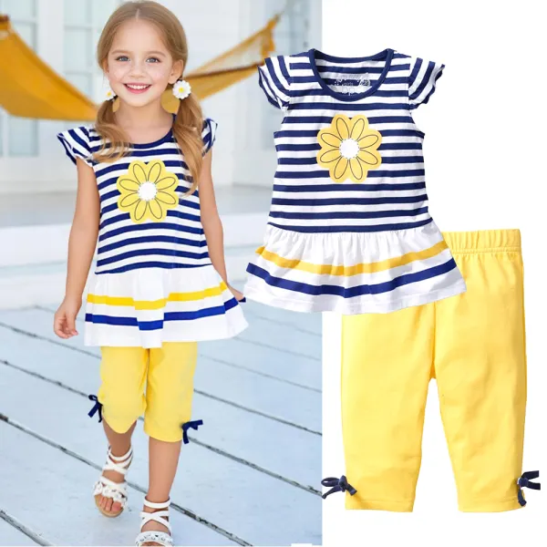 【12M-8Y】2-piece Girls Striped Floral Print T-shirt And Leggings Set - 34619 - Popreal.com 