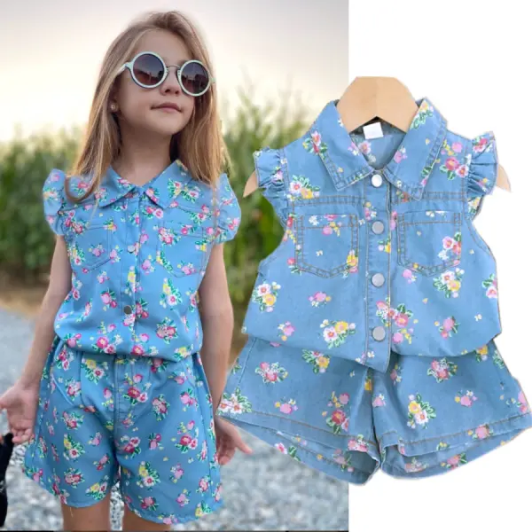 【2Y-8Y】2-piece Girls Stylish Floral Print Ruffle Sleeve Denim Top And Shorts Set - 34588 - Popopieshop.com 