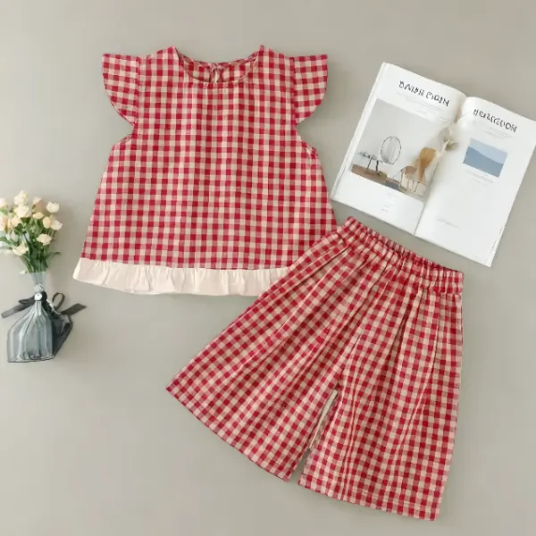 【18M-8Y】2-piece Girls Red Plaid Short Sleeve Top And Wide Leg Shorts Set - Popopieshop.com 