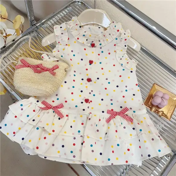 【12M-5Y】2-piece Girls Cute Blue Plaid And Colorful Polka Dot Ruffle Dress With Bow Bag - Popopie.com 