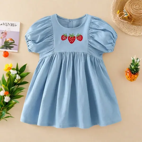 【2Y-10Y】Girls Strawberry Embroidered Short Sleeve Denim Dress - Popopieshop.com 