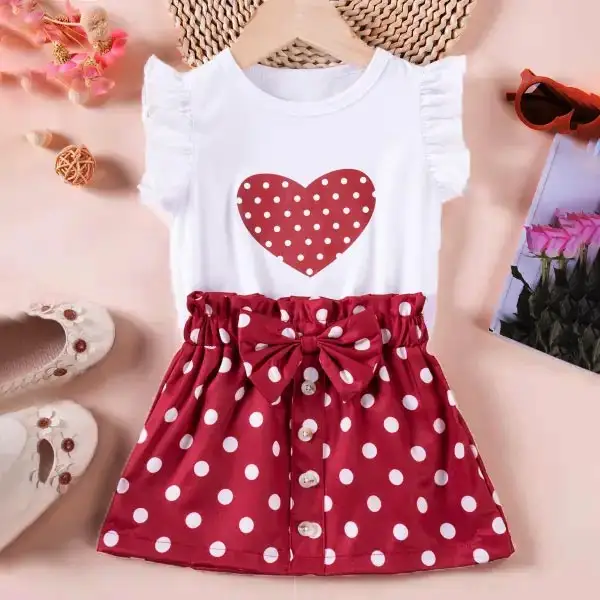 【9M-6Y】2-piece Girls Casual Heart Shape Printed White T-shirt And Polka Dot Skirt Set - Popopie.com 