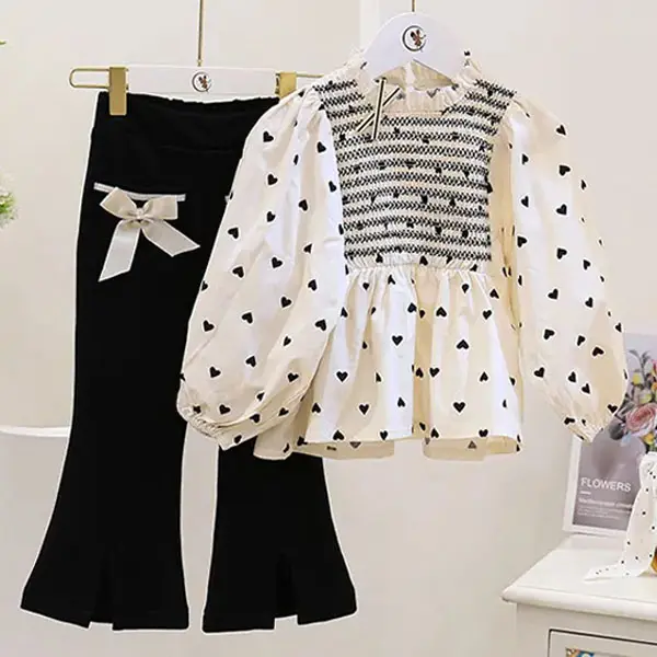 [2Y-9Y] Girls Peach Heart Print Long-sleeved Shirt Flared Pants Two-piece - Popopieshop.com 
