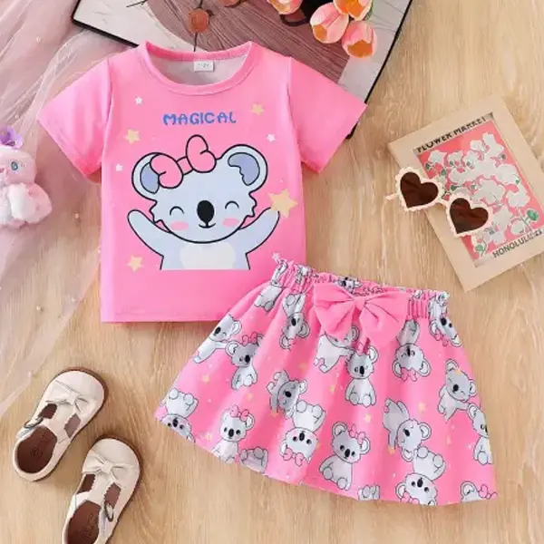 【2Y-8Y】2-piece Girls Cartoon Koala Print Short Sleeve Top And Bowknot Skirt Set - Popopieshop.com 