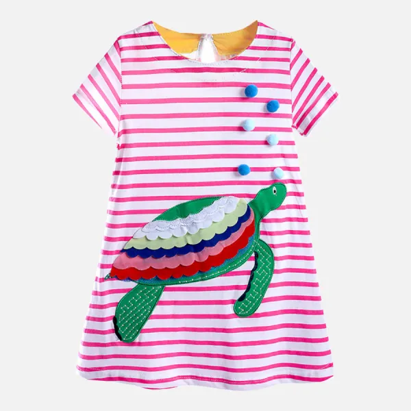 【18M-6Y】Girls Fashion Cartoon Turtles Embroidered And Plush Small Ball Decorated Pink Striped Long Sleeve Dress - 33331 - Popopieshop.com 