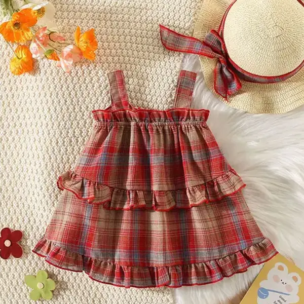 【12M-4Y】2-piece Girl Sweet Red Plaid Print Dress With Hat - Popopieshop.com 