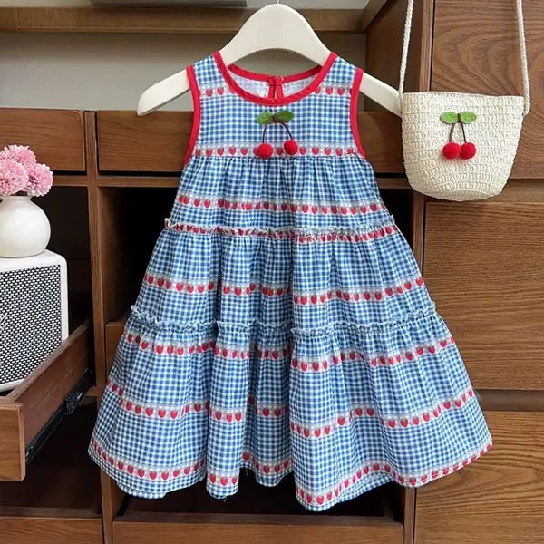 【18M-8Y】2-piece Girls Blue Plaid Strawberry Sleeveless Dress With Bag - Popopie.com 