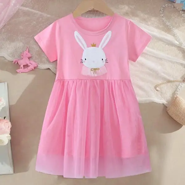 【18M-7Y】Girls Cute Cotton Rabbit Embroidery Multi-layered Mesh Dress - Popopieshop.com 