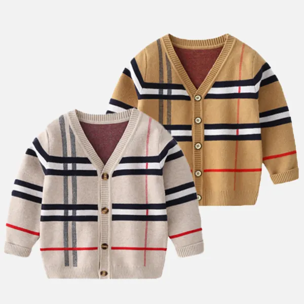 【2Y-9Y】Unisex Kids Plaid Long Sleeve Sweater Cardigan - Popopieshop.com 