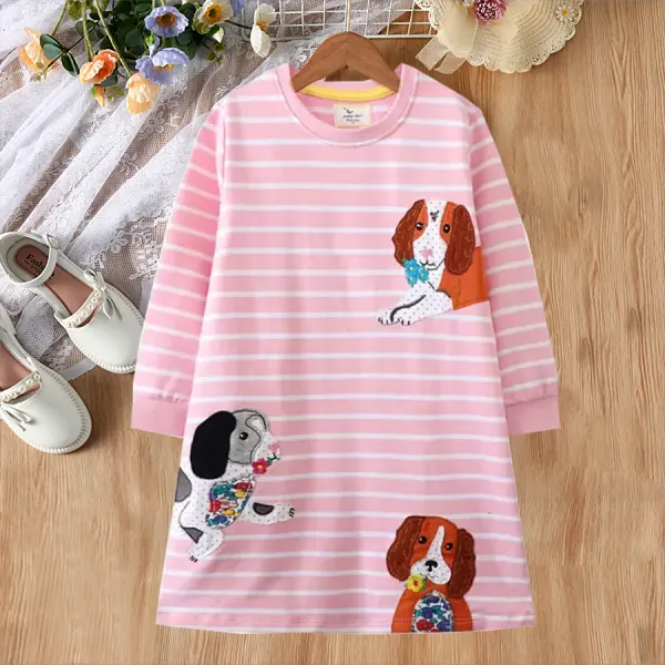 【18M-7Y】Girls Pink Striped Cartoon Embroidered Long Sleeve Dress - Popopieshop.com 