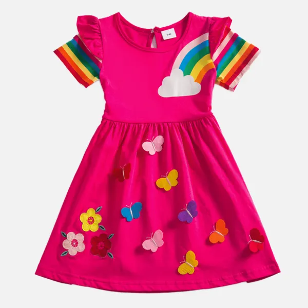 【3Y-8Y】Girls Cute Rainbow And Butterfly Round Neck Short Sleeve Dress - Popopieshop.com 