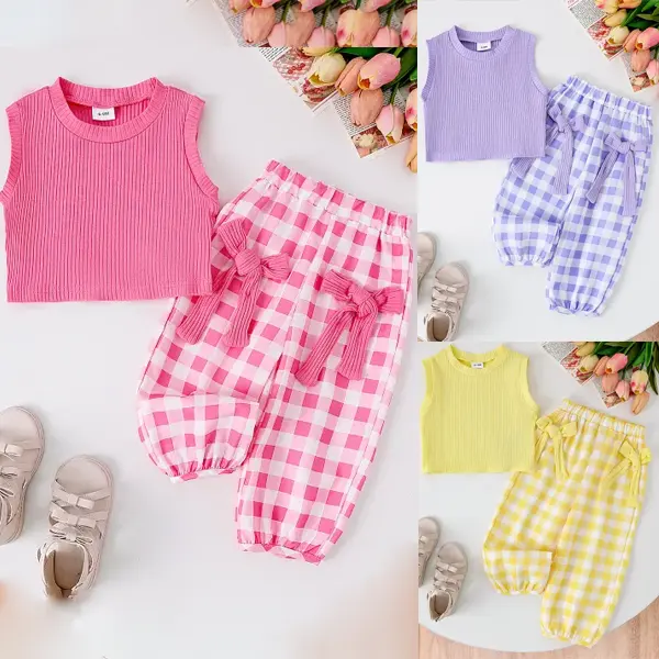 【6M-5Y】2-piece Girls Solid Color Vest And Plaid Pants Set - Popopieshop.com 