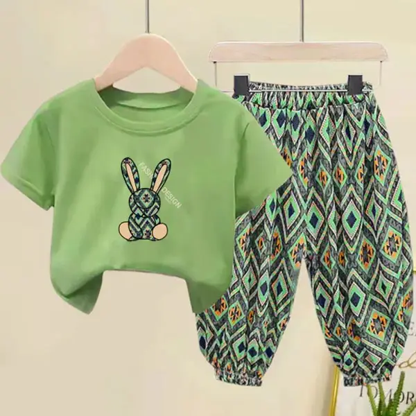 【18M-9Y】2-piece Girls Bunny Print Short-sleeved T-shirt And Pants Set -  005 - Popopieshop.com 