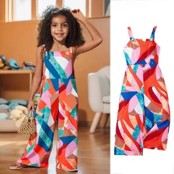 【3Y-10Y】Girls Casual Vintage Pattern Print Boho Sling Jumpsuit - Popopieshop.com 