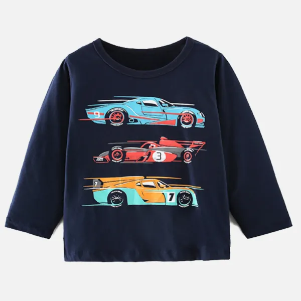 【18M-9Y】Boys Fashion Car Print Dark Blue Long Sleeve T-shirt - Popopieshop.com 