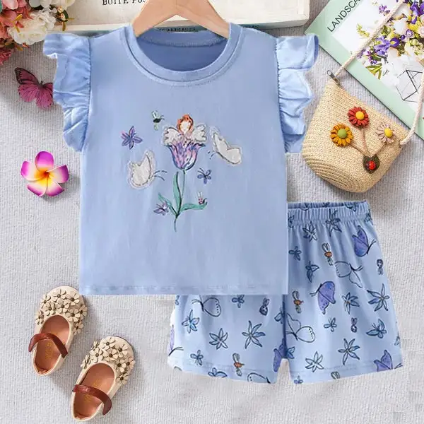 【2Y-10Y】2-piece Girls Cute Sweet Floral And Butterfly Print Ruffle Sleeve Blue T-shirt And Shorts Set - Popopieshop.com 