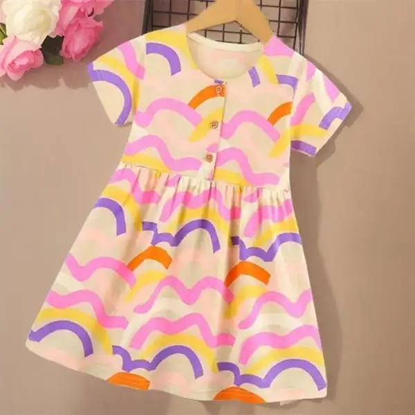 【18M-7Y】Girls Cute Cotton Colorful Geometric Print Short Sleeve Dress - Popopieshop.com 