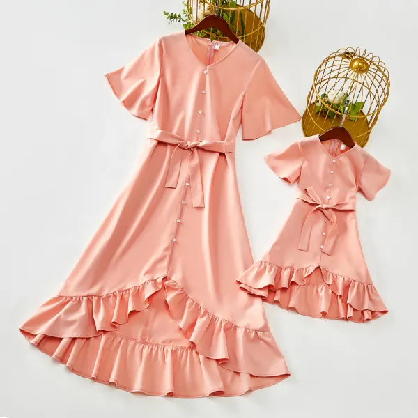 Sweet Pink Short Sleeve Asymmetric Mom Girl Matching Dress - Popopiearab.com 