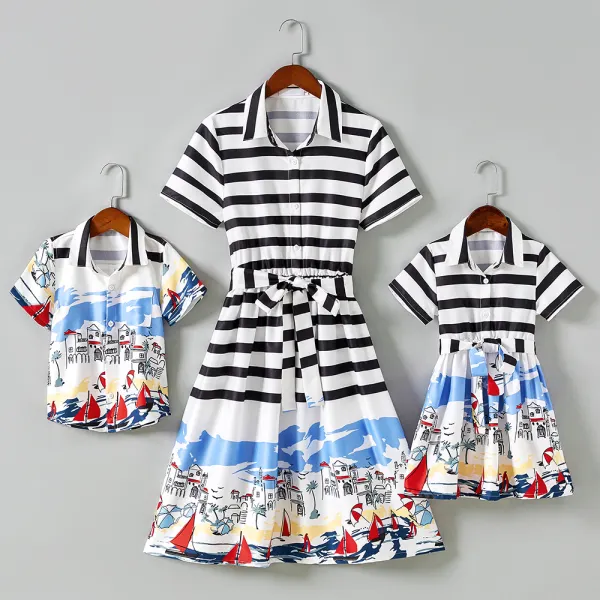 Fashion Striped Beach Pattern Short Sleeves Mom Kid Matching Outfits - Popopiearab.com 
