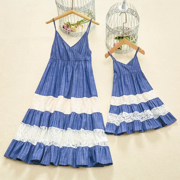 Sweet Blue Stripes Stitching Lace Mom Girl Matching Dress - Popopiestyle.com 