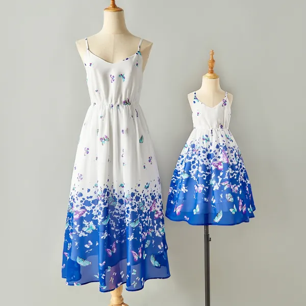 Sweet Blue Butterfly Chiffon V Neck Sling Mom Girl Matching Dress - Popopiestyle.com 