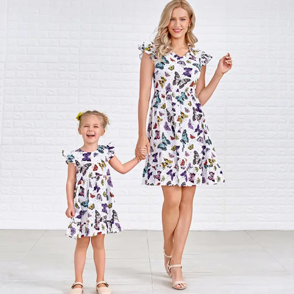 Sweet White Butterfly Pattern Short Sleeve Mom Girl Matching Dress - Popopiestyle.com 